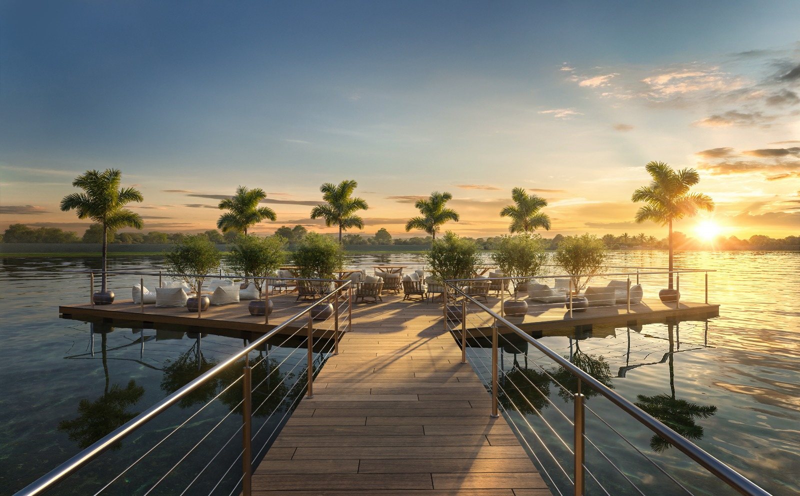 Pier sobre o lago ao pôr do sol